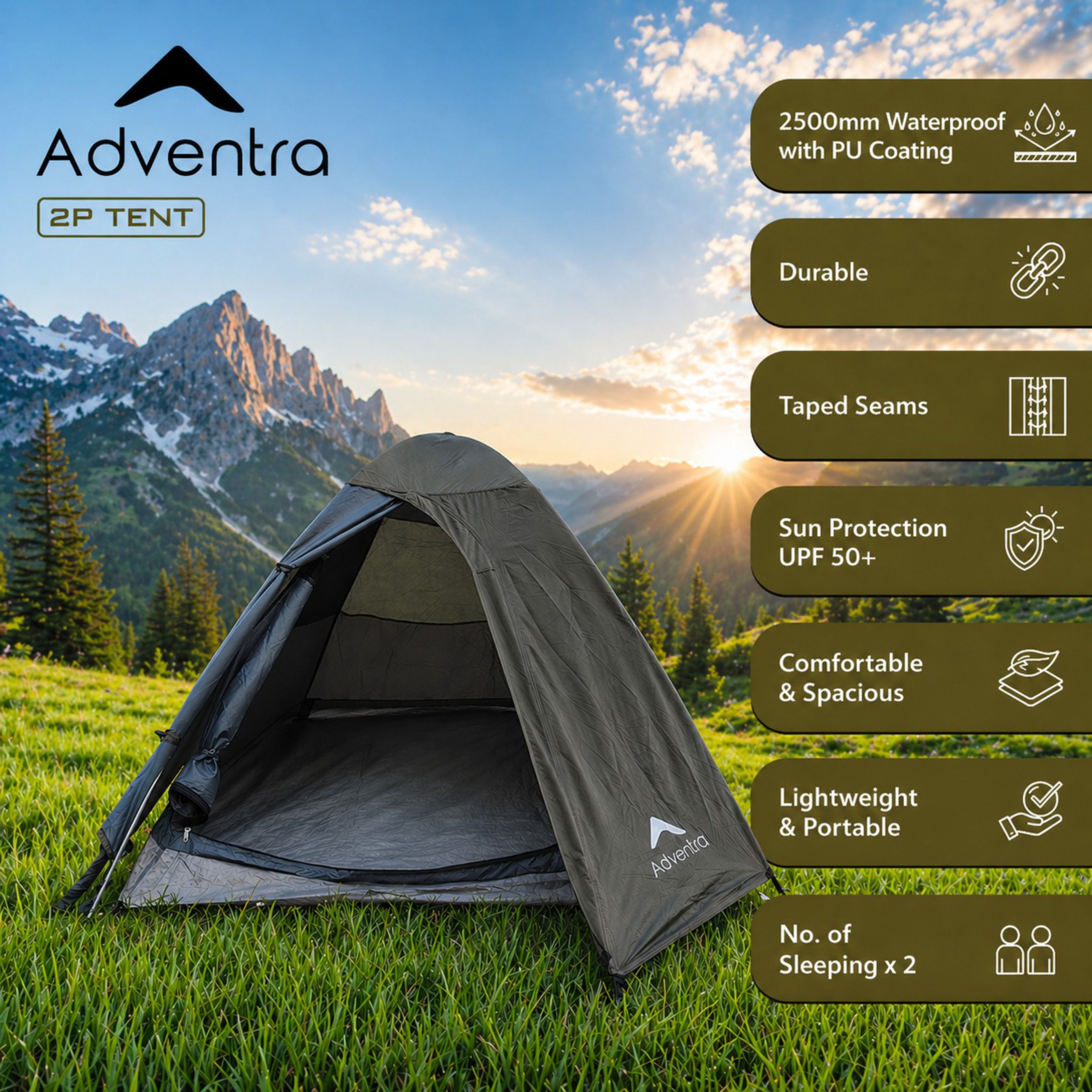 2-Person Dome Waterproof Camping Tent with Aluminium Poles, 2500 mm waterproofing (AL ET1102) Olive Green-thumbmail-10