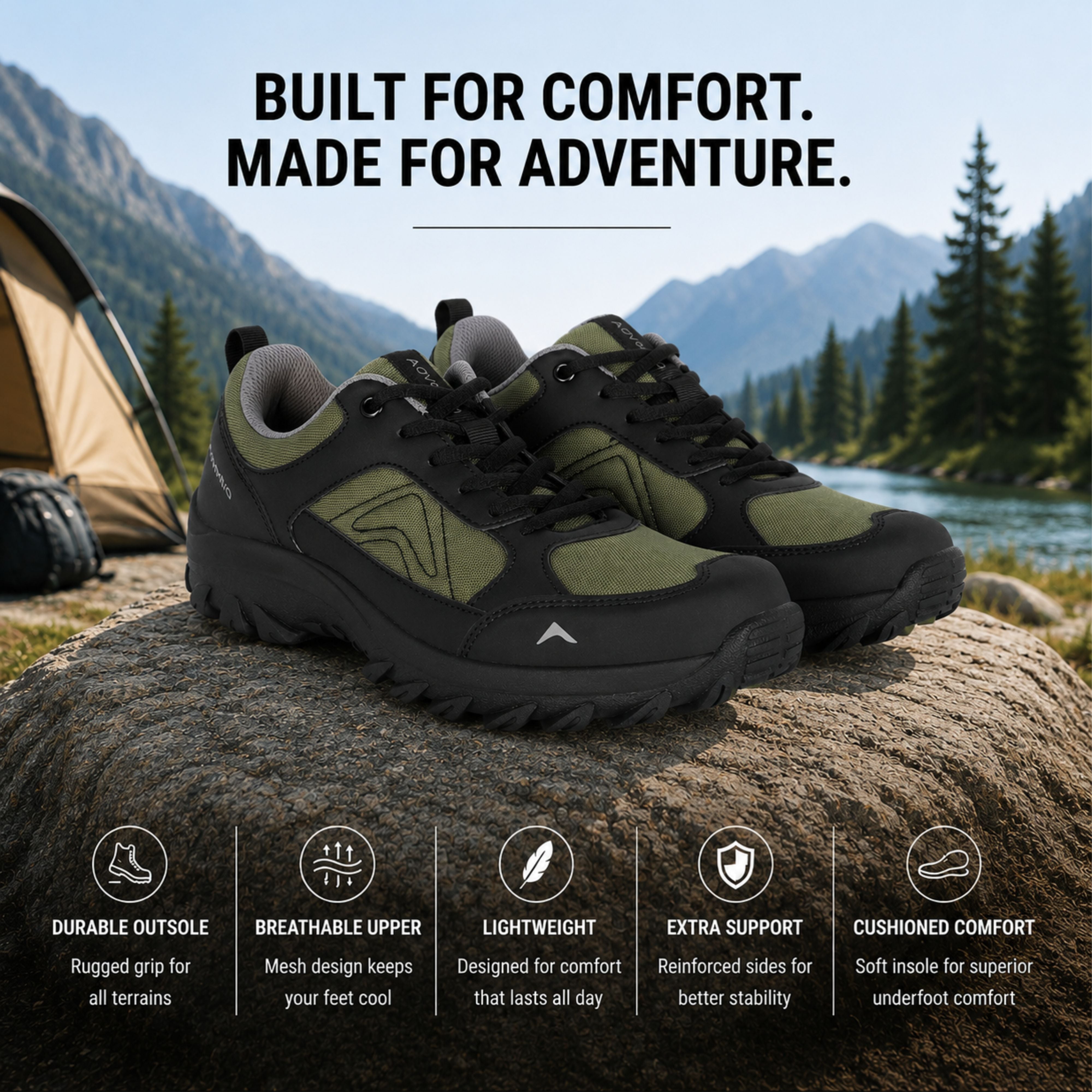 Low-Top Hiking Shoes with Anti-Skid Rubber Sole (EH500) Olive Green-thumbmail-3
