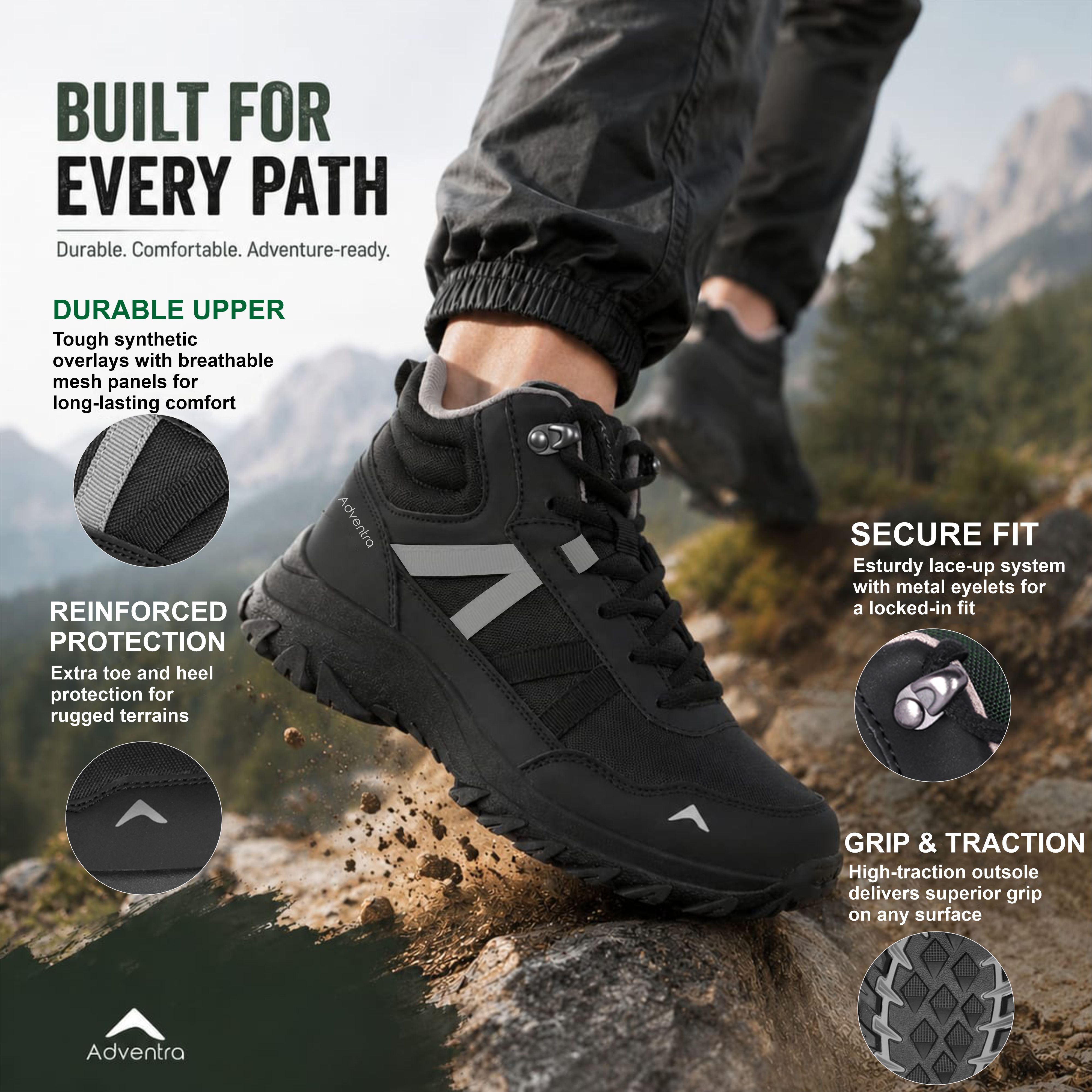Men Mid-Top Hiking Shoes with Anti-Skid Full Rubber Sole (EH900) Black-thumbmail-2