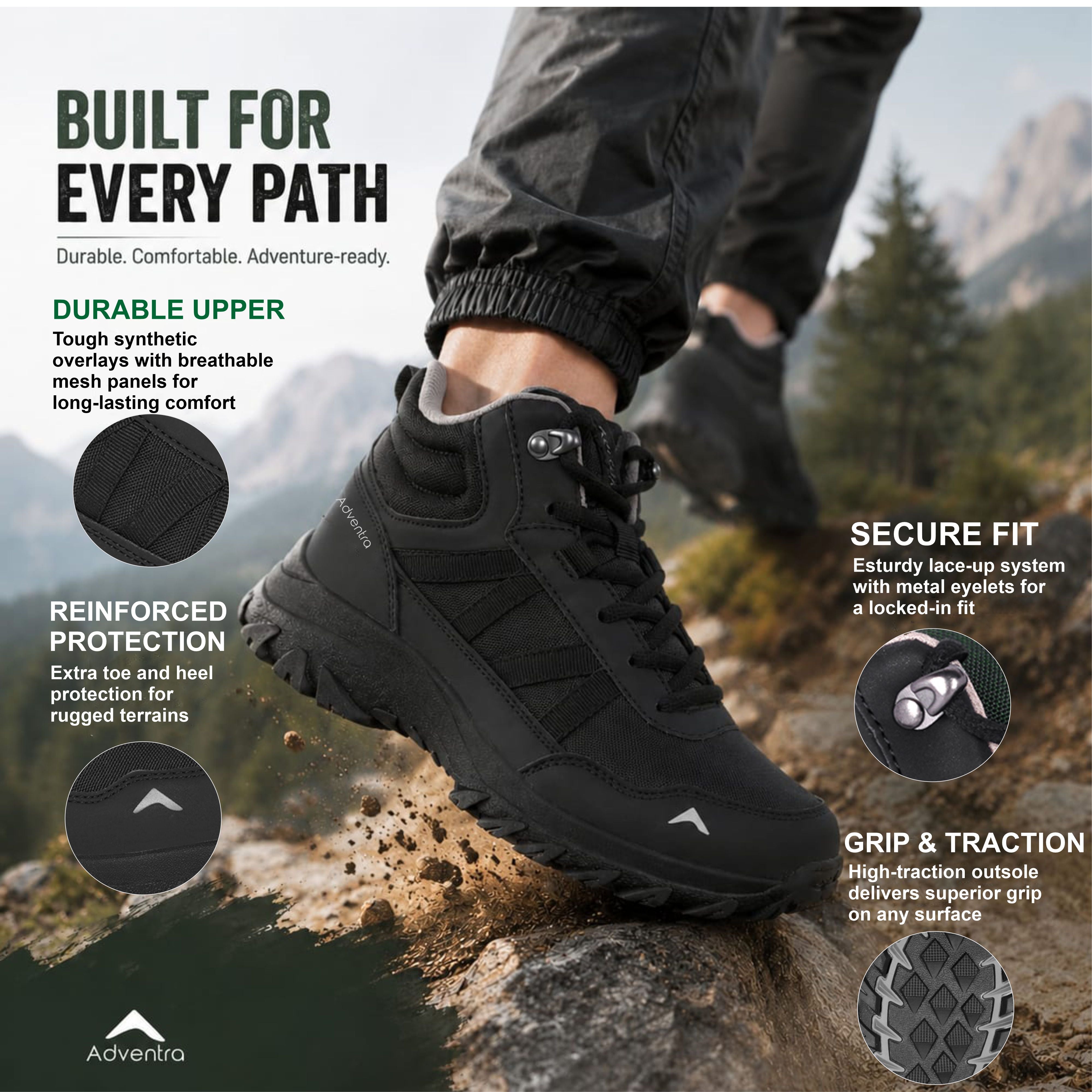 Men Mid-Top Hiking Shoes with Anti-Skid Full Rubber Sole (EH900) Full Black-thumbmail-2