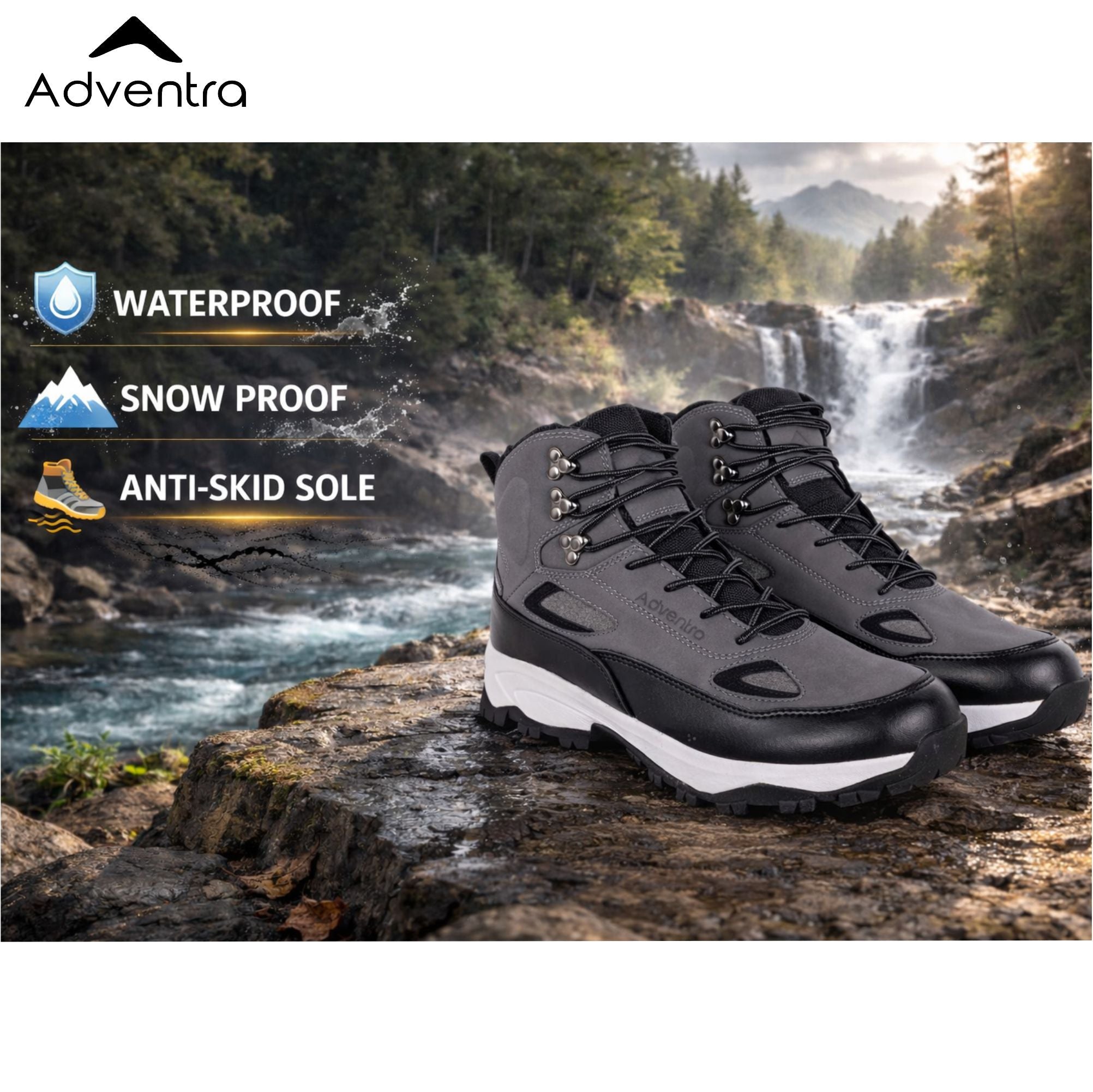 Men Waterproof Mid-Top Trekking Shoes with 4mm Lug Sole (ET1105) Grey-thumbmail-2