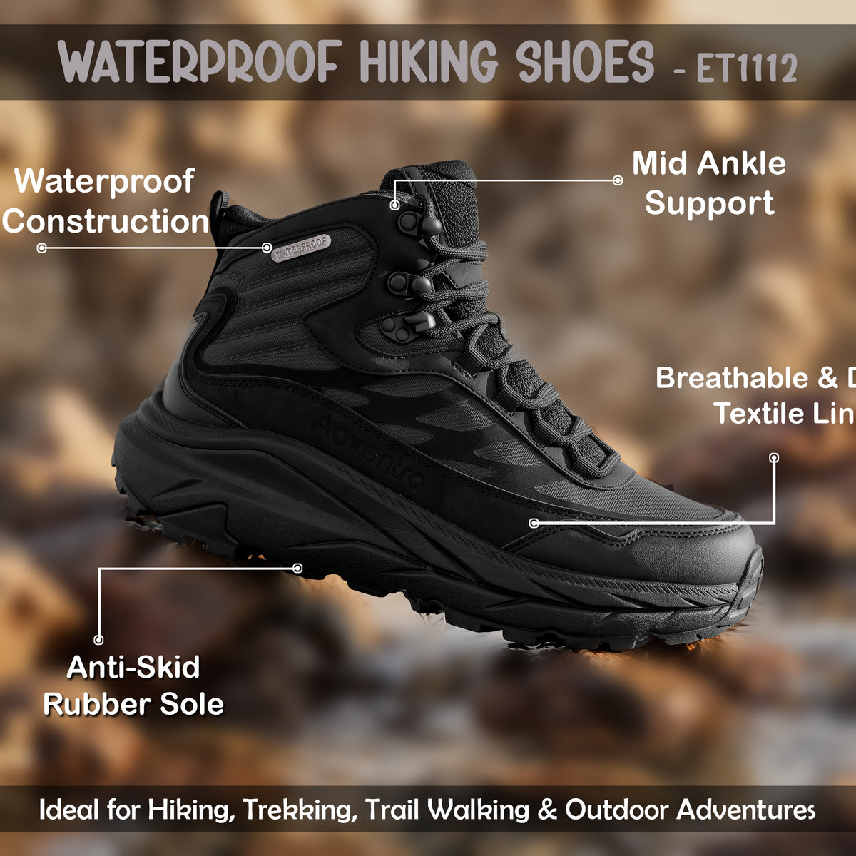 Waterproof Mid Ankle Hiking Shoes with Anti-Skid Rubber Sole (ET1112) - Black-thumbmail-2