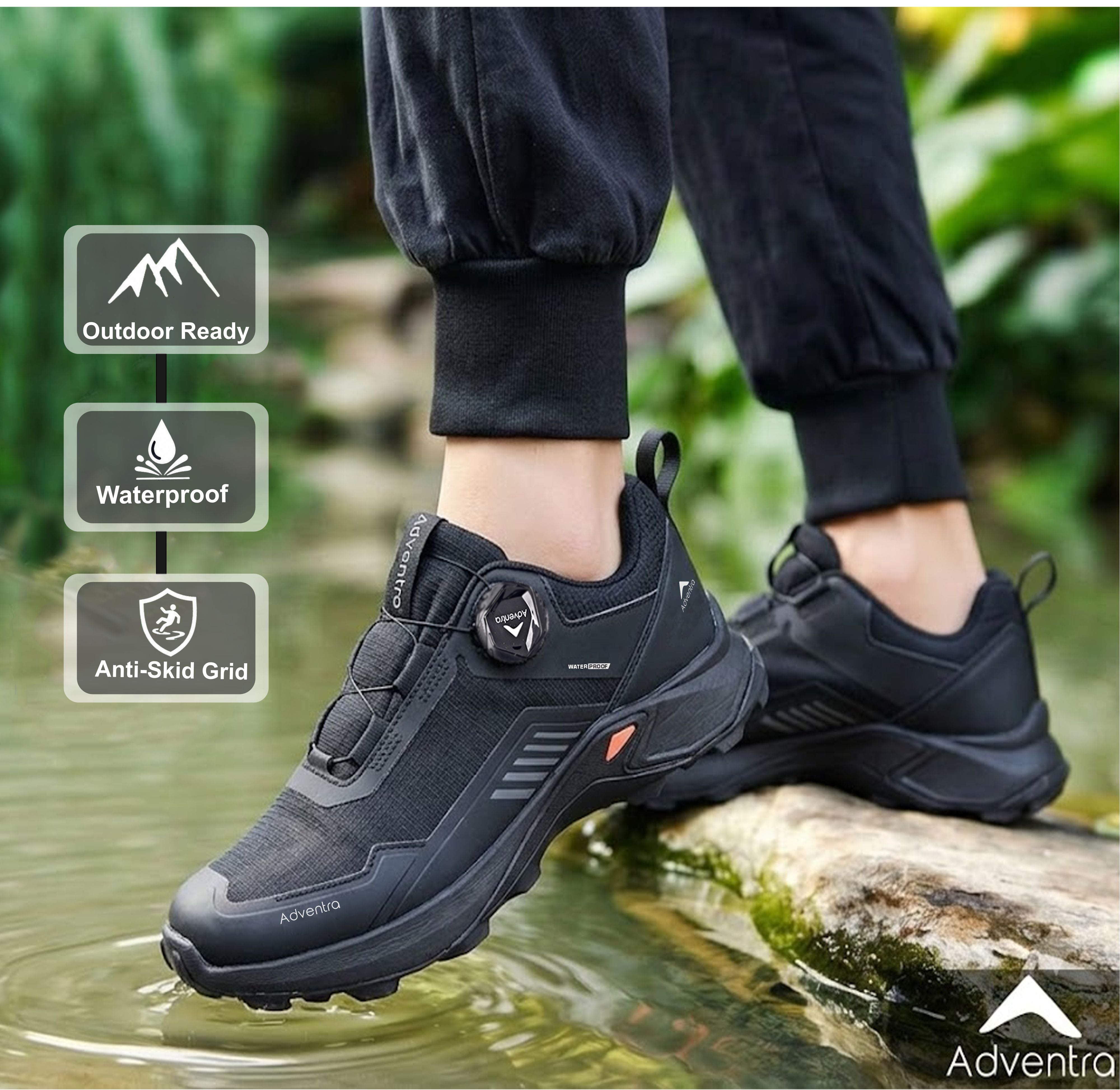 Men Waterproof Low-Top Hiking Shoes with Auto-Lacing (ET1102) Black-thumbmail-2