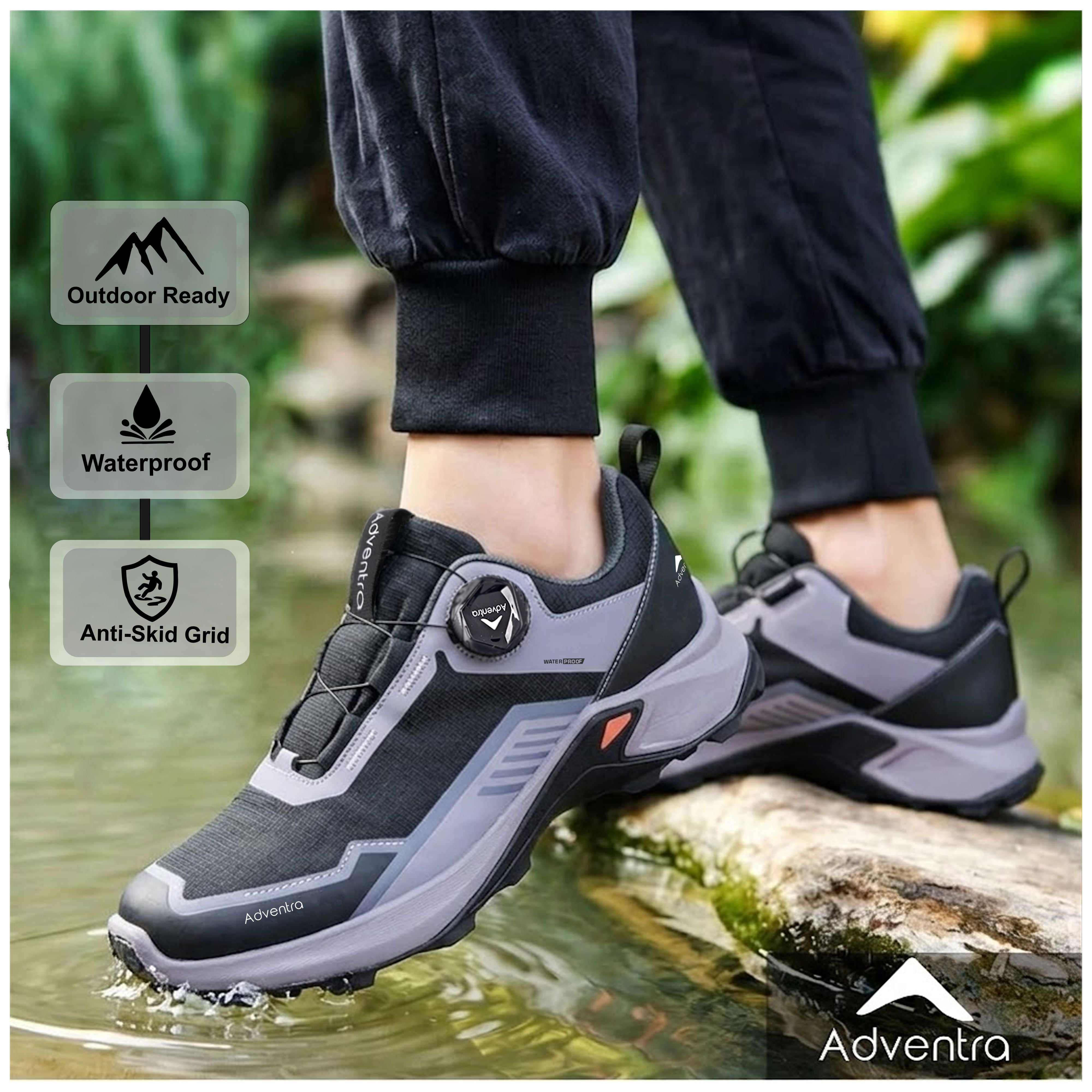 Men Waterproof Low-Top Hiking Shoes with Auto-Lacing (ET1102) Grey-thumbmail-3