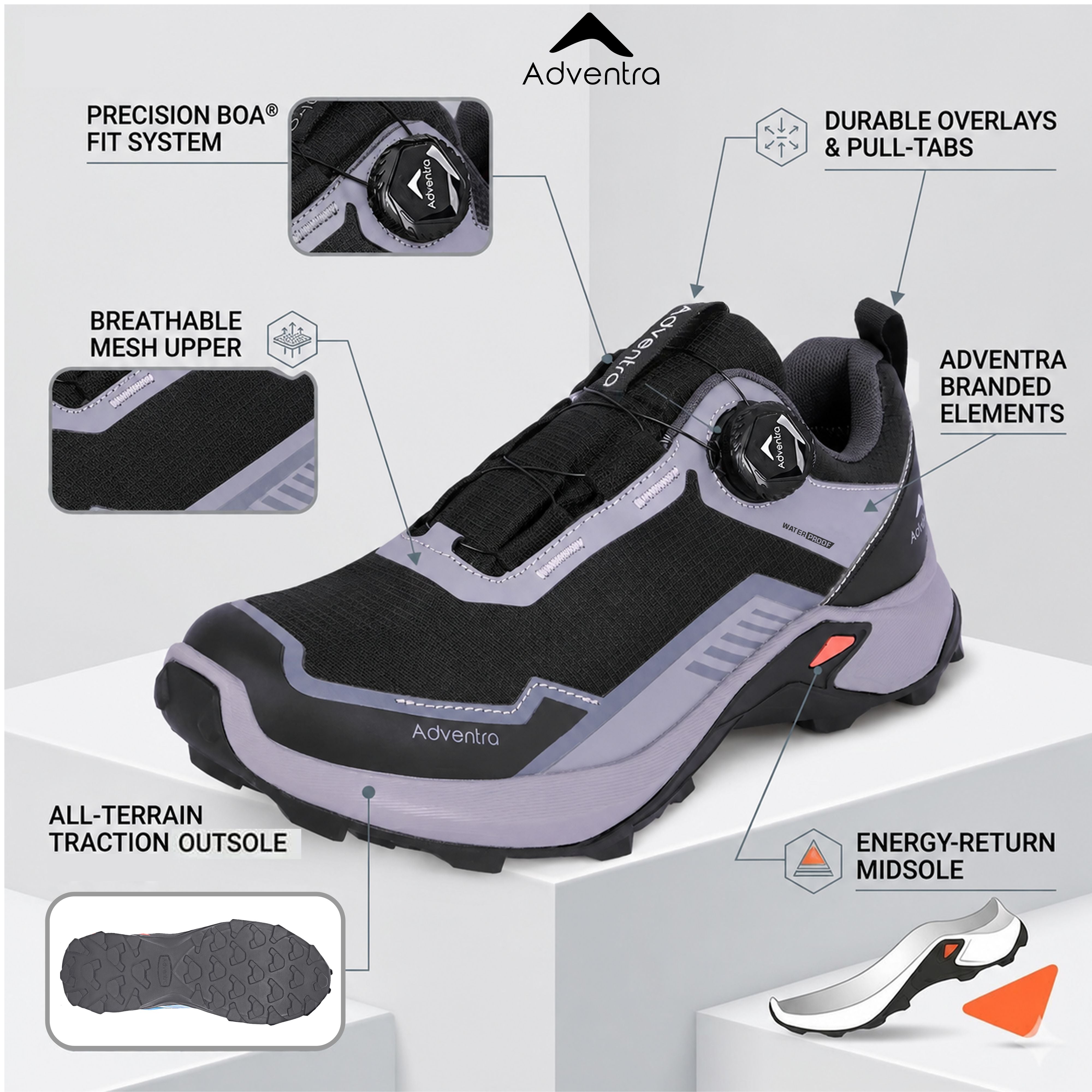 Men Waterproof Low-Top Hiking Shoes with Auto-Lacing (ET1102) Grey-thumbmail-2