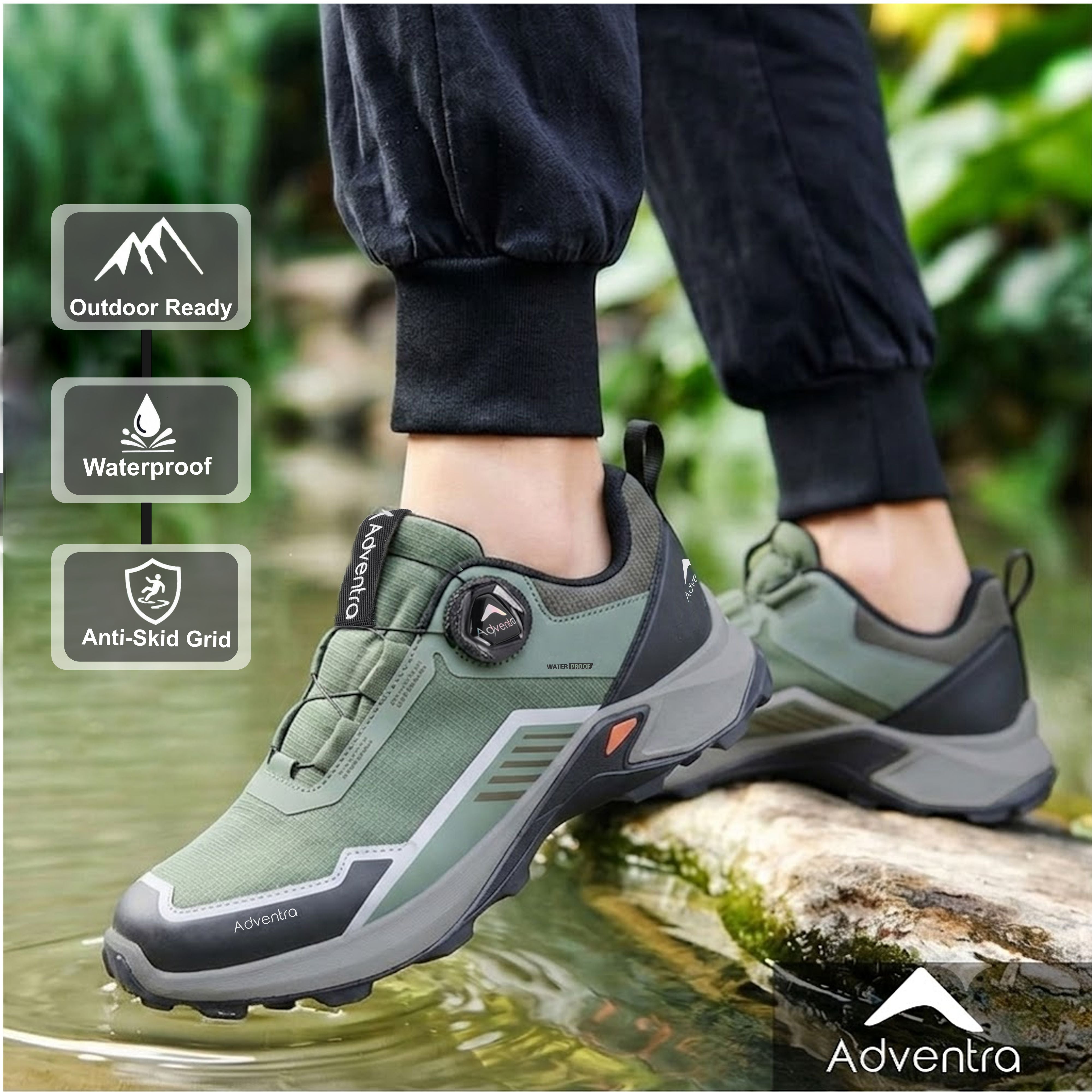 Men Waterproof Low-Top Hiking Shoes with Auto-Lacing (ET1102) Olive Green-thumbmail-2