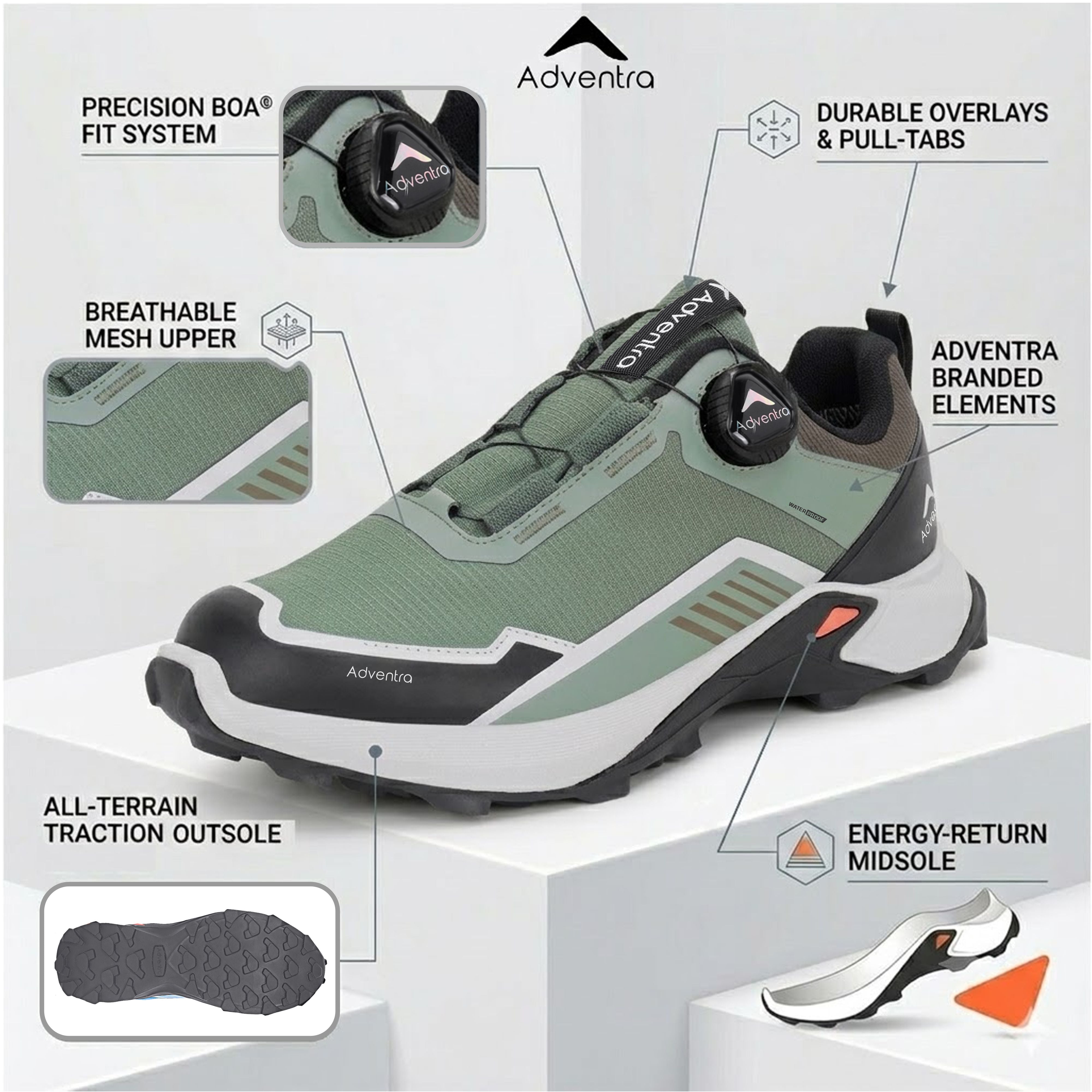 Men Waterproof Low-Top Hiking Shoes with Auto-Lacing (ET1102) Olive Green-thumbmail-3