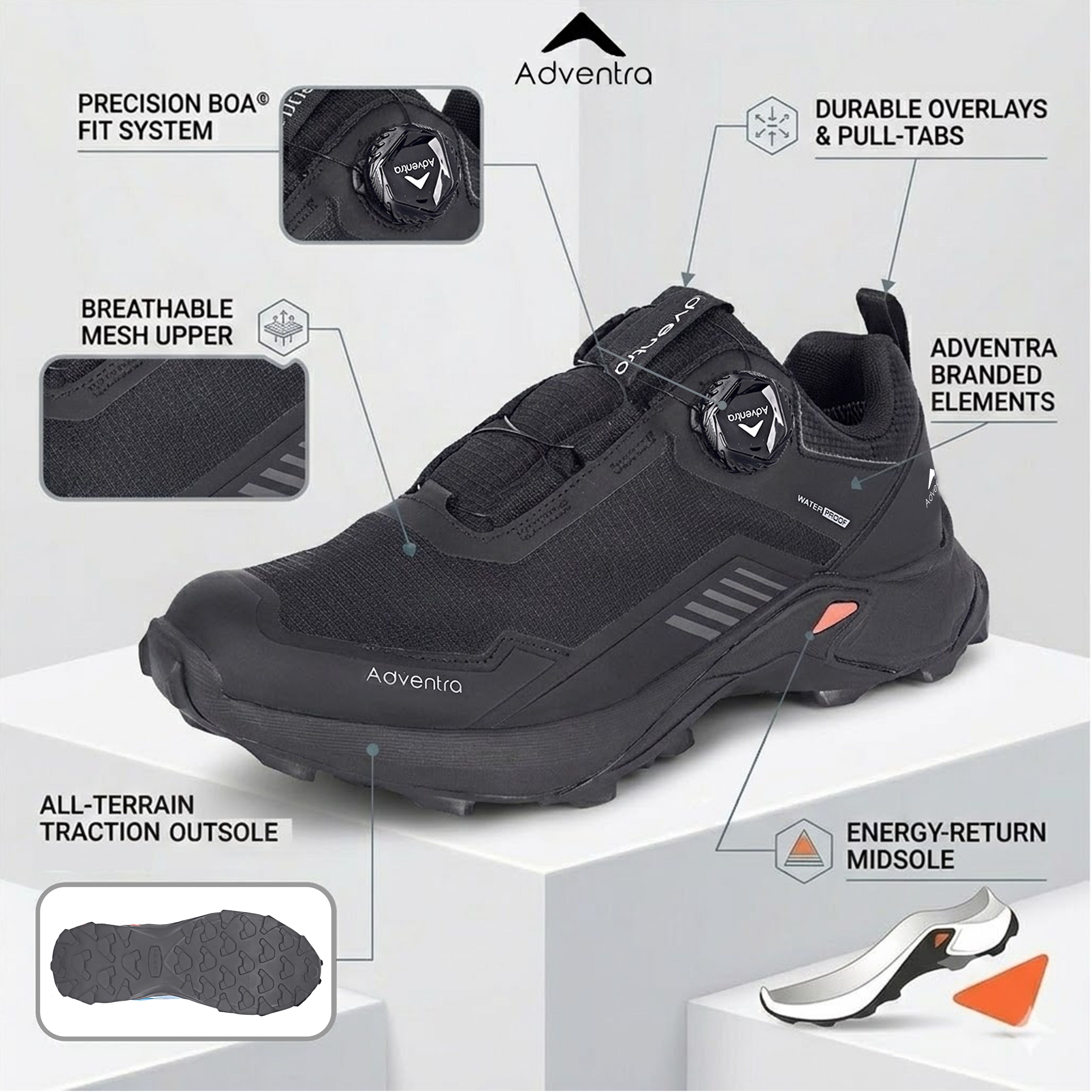 Men Waterproof Low-Top Hiking Shoes with Auto-Lacing (ET1102) Black-thumbmail-3