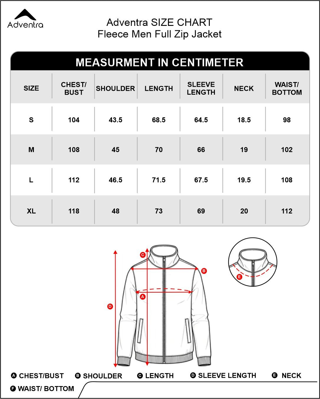 Full Zip Fleece Jacket – Lightweight (ET1000) Black Size Chart