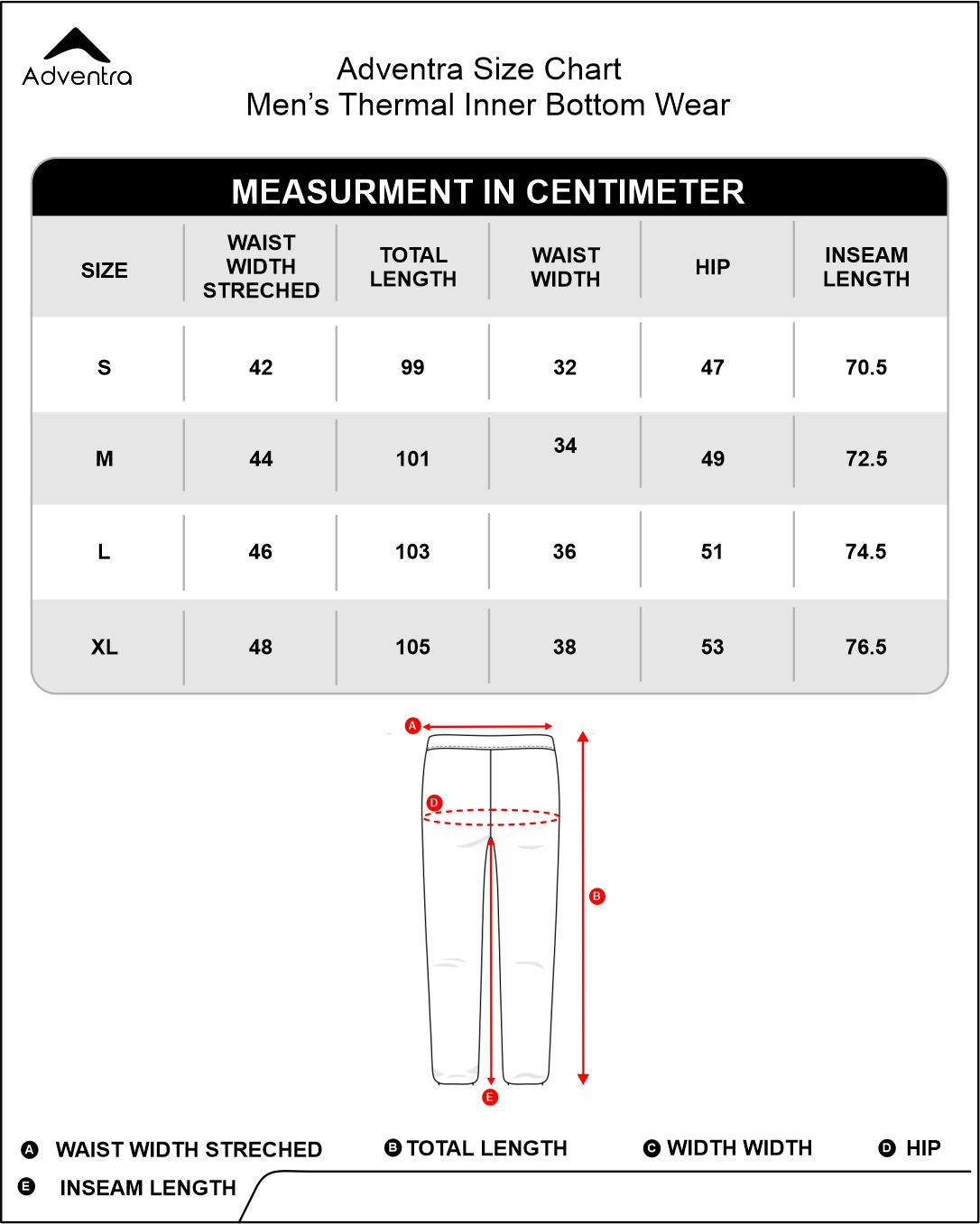 Fleece Thermal Bottom Wear – Winter Base Layer (EH500) Black Size Chart