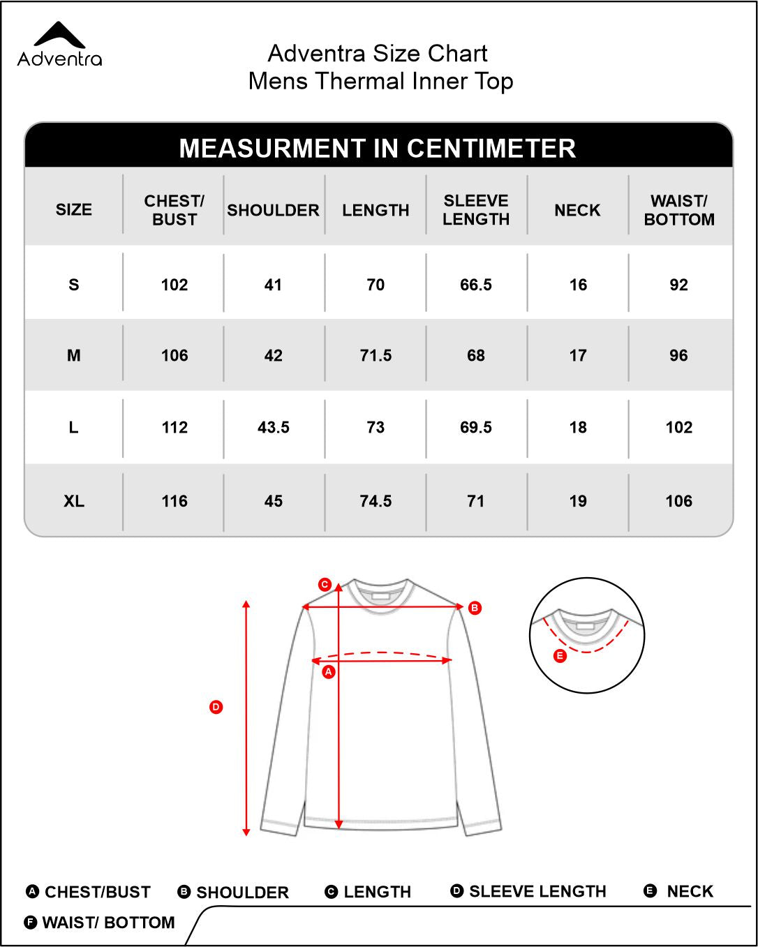 Fleece Thermal Innerwear Top – Winter Base Layer (EH502) Black Size Chart