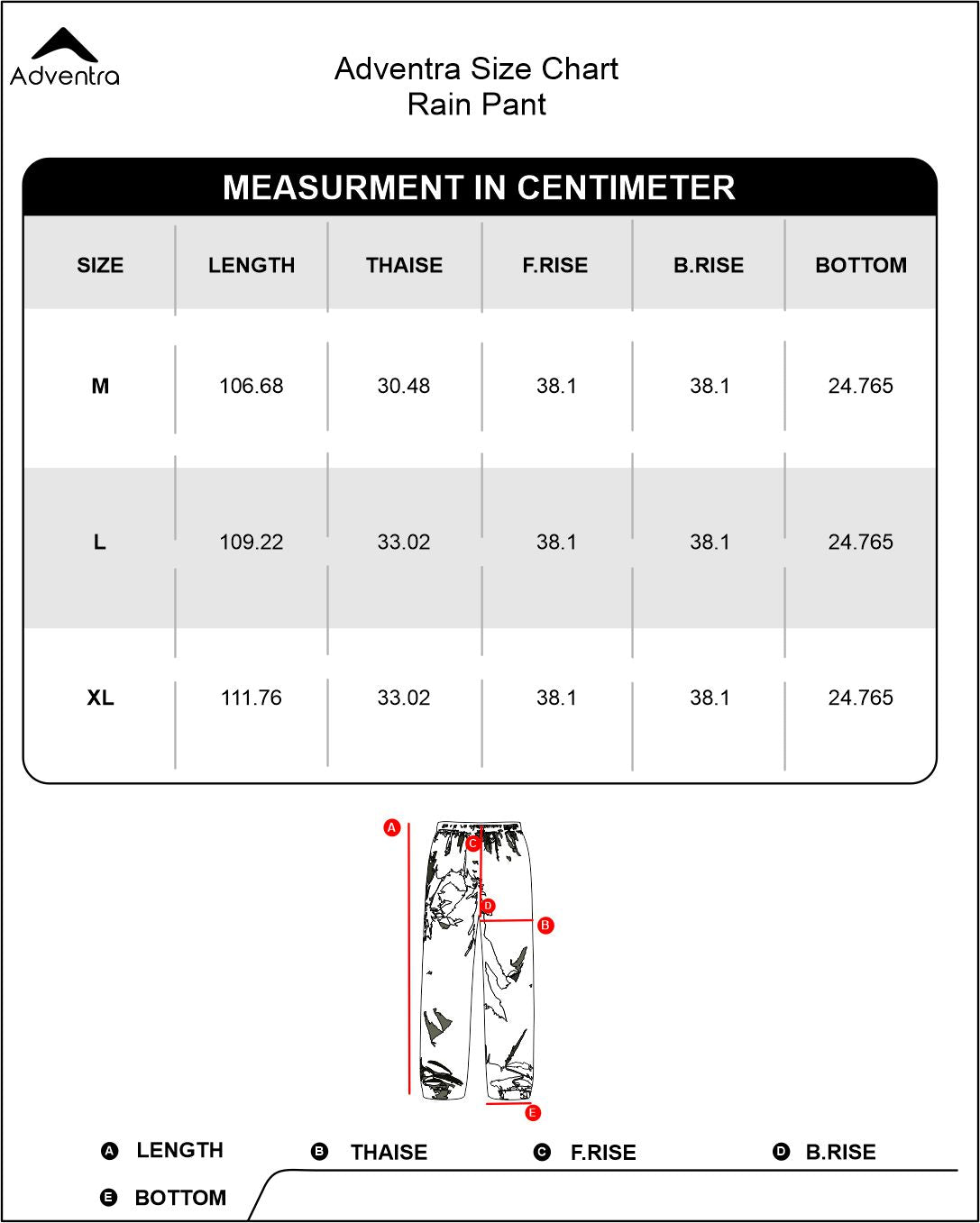 Rain Pant lightweight, Waterproof | RP100 | Olive Size Chart