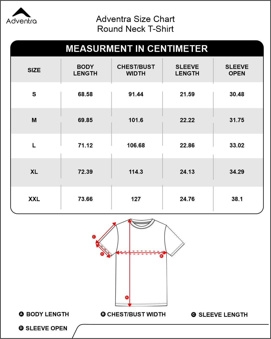 Adventra Basic Round Neck Tee ART104 (Grey) Size Chart