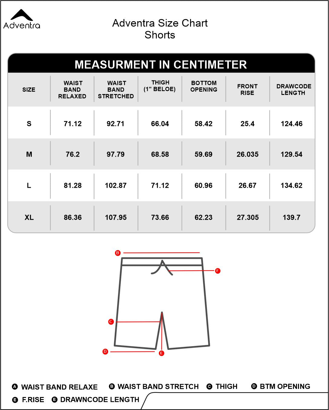 Adventra Running Shorts Lightweight, Quick-Dry | RS1000| Grey Size Chart