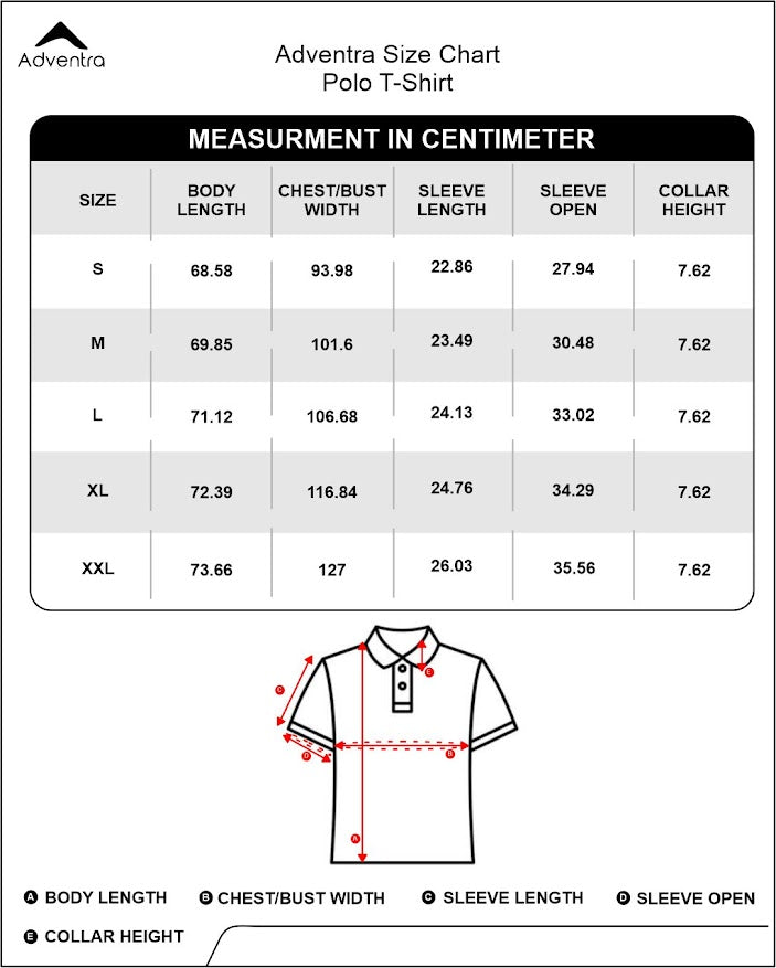 Adventra Polo Half Sleeve Tshirt ADP100 (Black) Size Chart