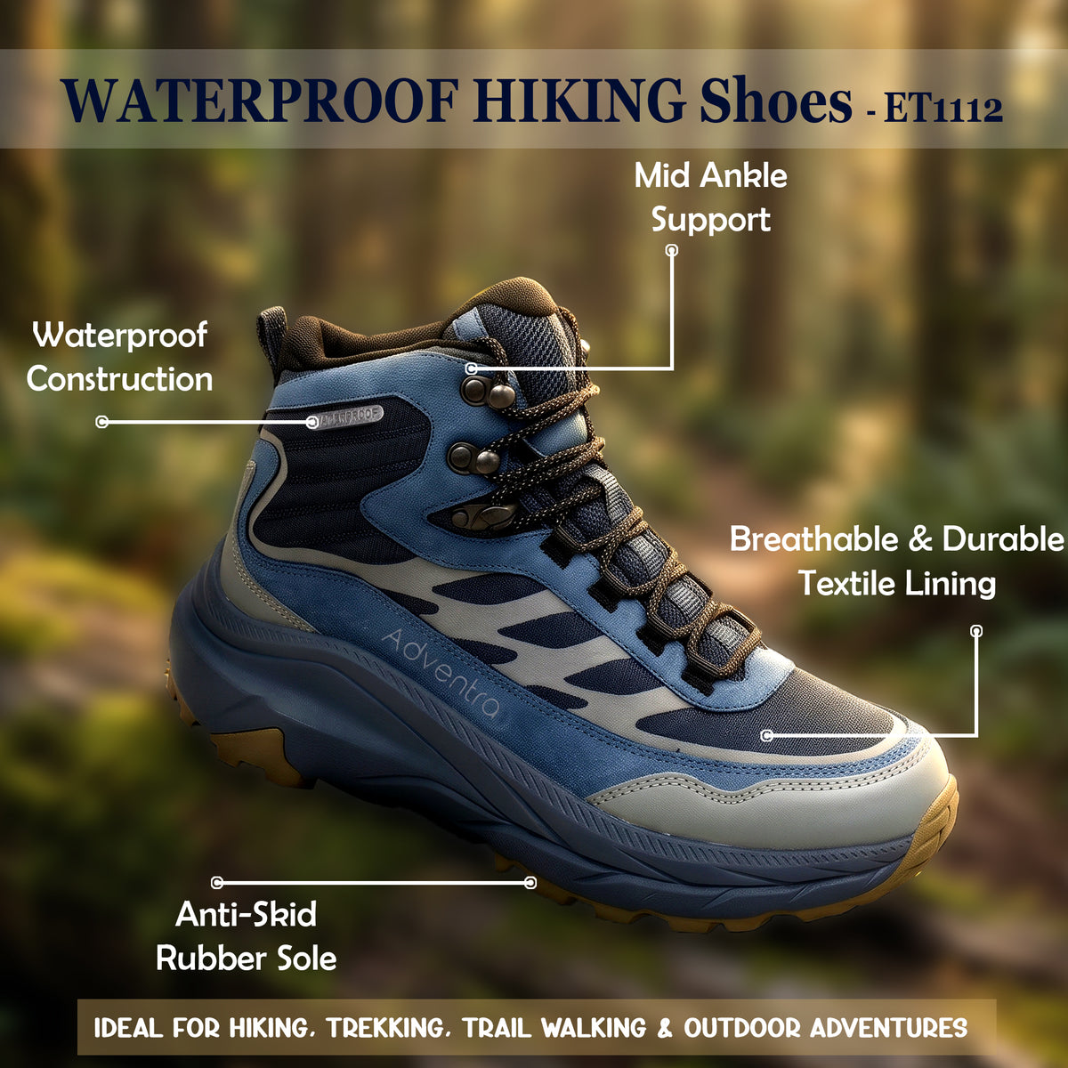 Waterproof Mid Ankle Hiking Shoes with Anti-Skid Rubber Sole (ET1112) - Blue-thumbmail-2