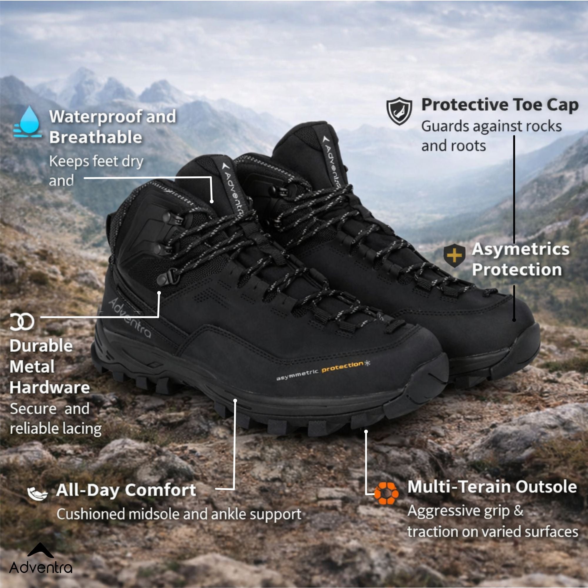 Men Waterproof Mid-Top Hiking Shoes with 3M Insulation (WH1106) Black-thumbmail-2