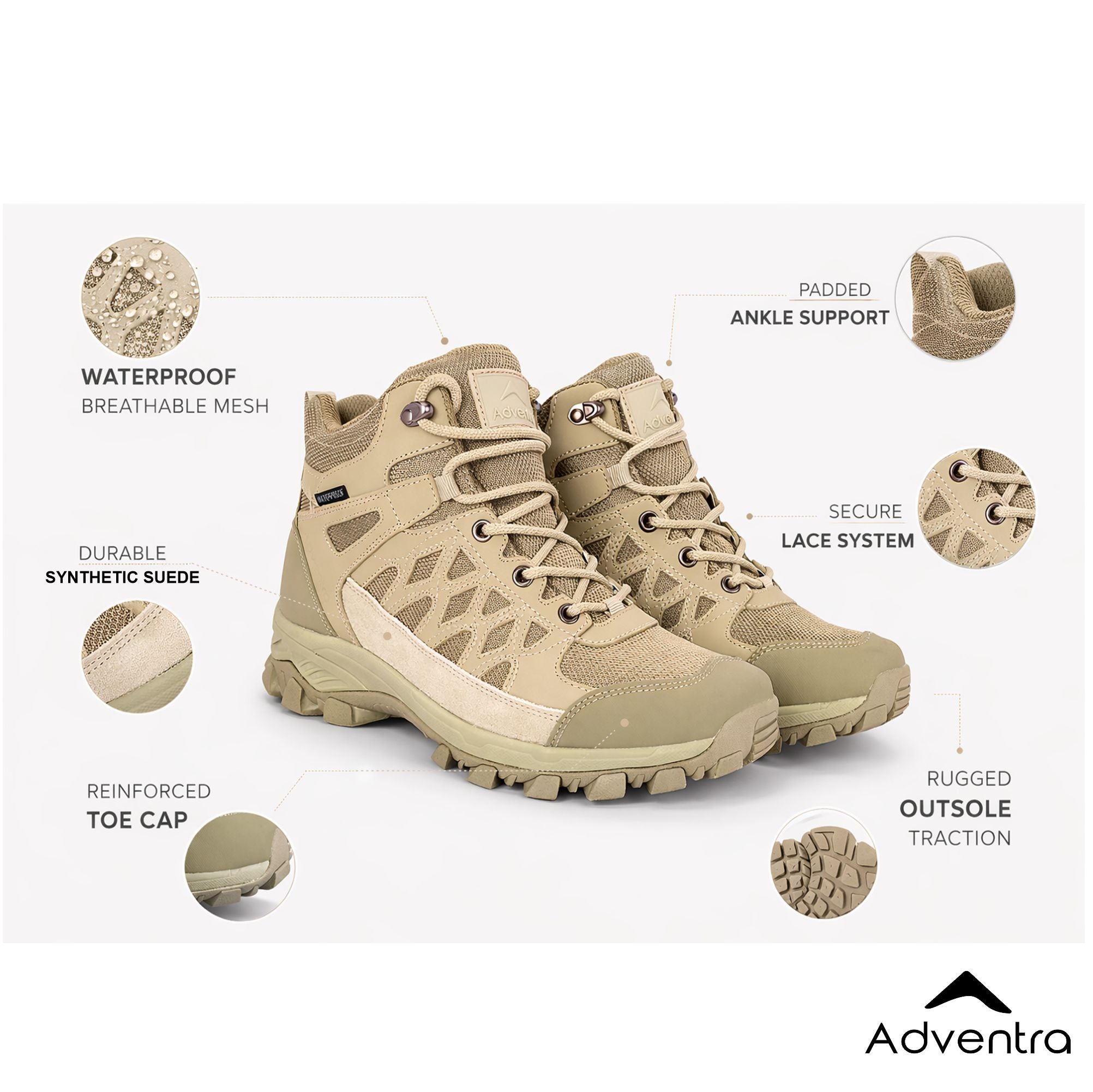 Men Waterproof Mid-Top Hiking Shoes with Cushioned Comfort (WH1107) Beige-thumbmail-2