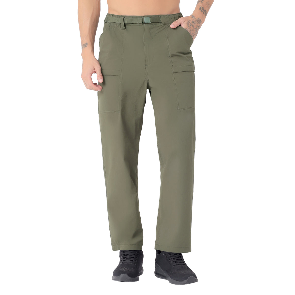 Men's Lightweight Long Pants with Buckle Belt (EH970) Olive-thumbmail-1