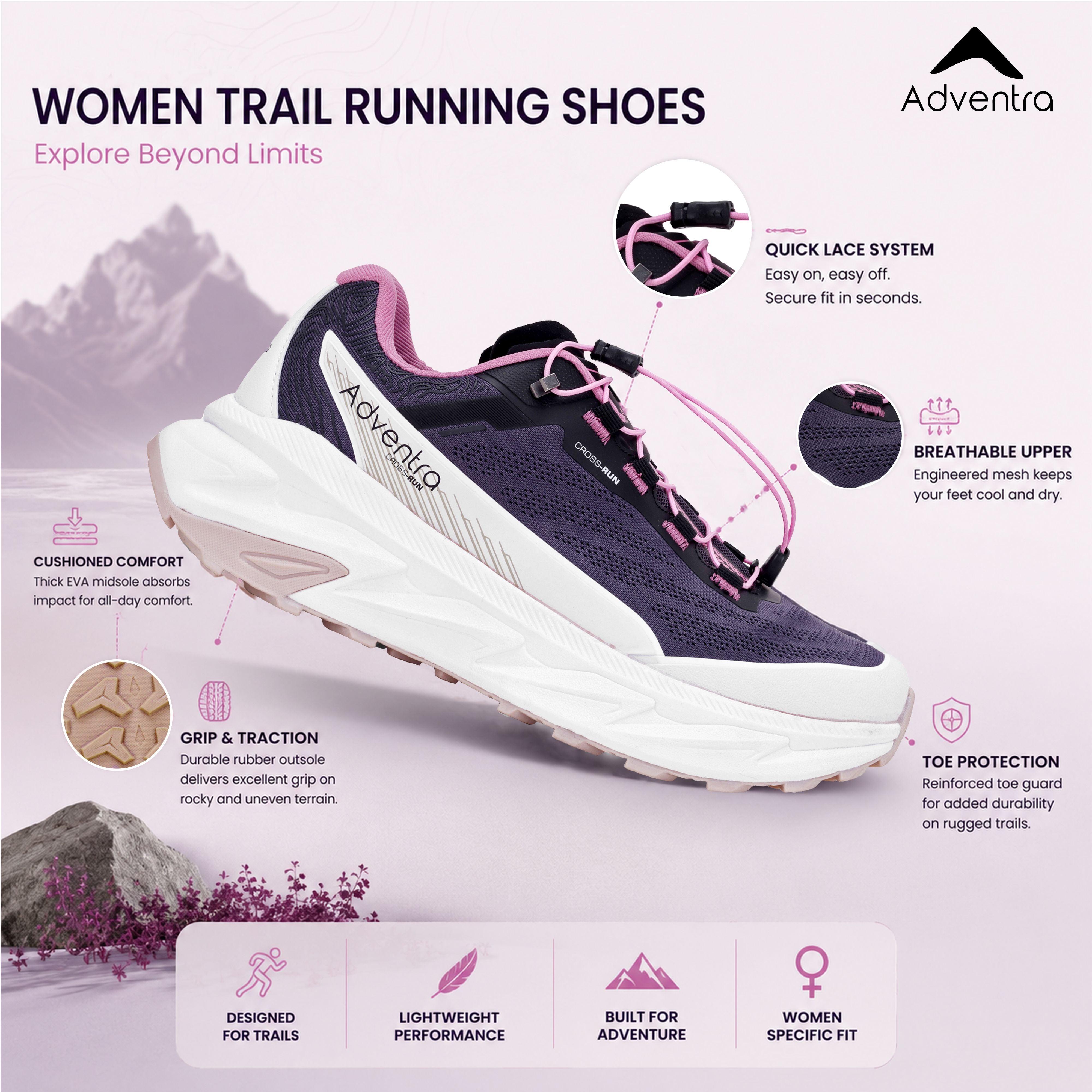 Women Trail Running Ultra Grip Lightweight Sports Shoes (TR2012) Grey-Pink-thumbmail-2